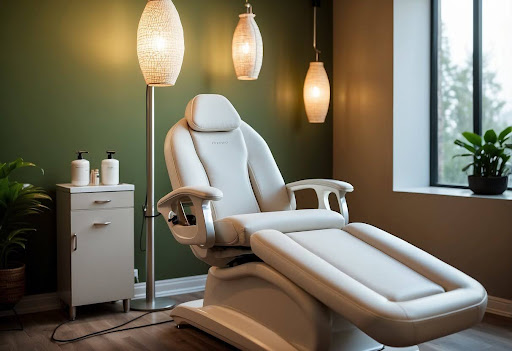 A modern and tranquil treatment room in Santa Fe equipped for an IPL Photofacial, showcasing a white reclining chair, minimalist furniture, and ambient lighting.