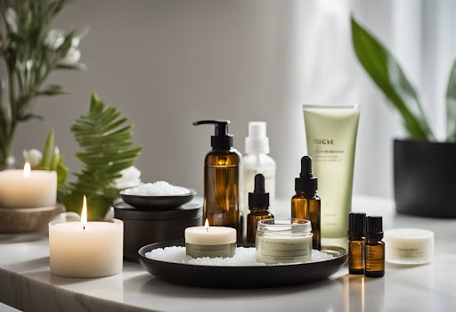 Skincare products and candles on a spa tray, creating a serene ambiance for non-surgical facial rejuvenation treatments in Santa Fe.