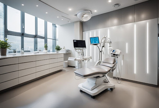 Modern treatment room with advanced equipment and a comfortable chair, illustrating a professional setting for skin tightening procedures in Santa Fe.