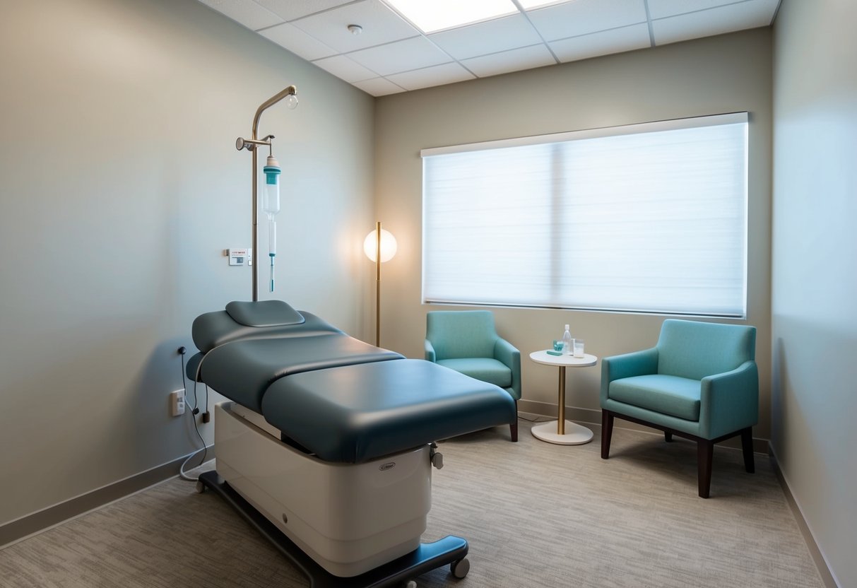 A serene, modern treatment room with an IV drip stand, comfortable seating, and soft ambient lighting at Seamless Skin MD in Santa Fe, NM