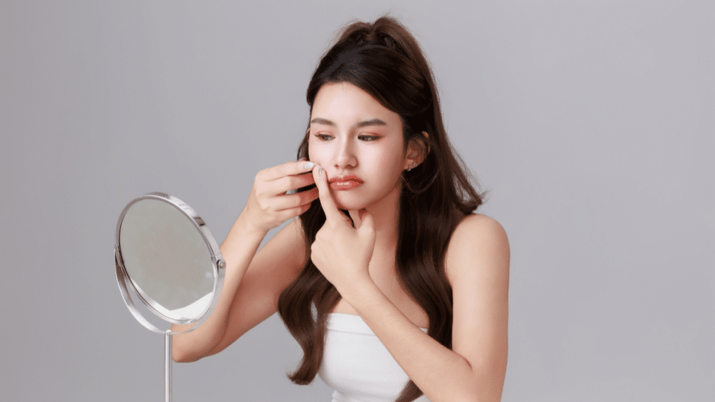 Young woman applying skincare in mirror. Wondering about the photofacial benefits