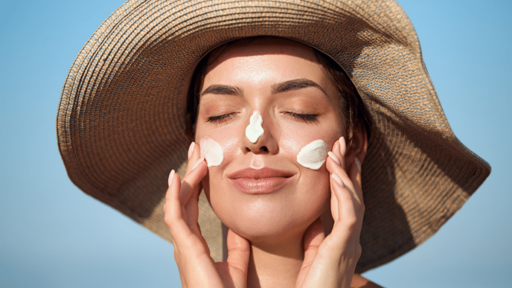 Woman applying sunscreen on face, summer skincare santa fe