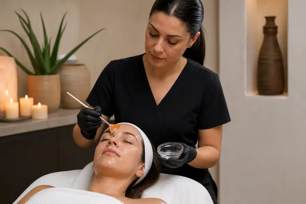 Chemical peels Santa Fe — an aesthetician applying a chemical peel solution to a patient's face with a fan brush at a med spa