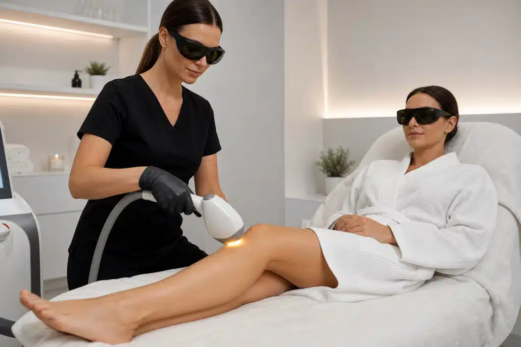 Laser hair reduction Santa Fe — a technician performing a laser hair reduction session on a patient's leg at a modern med spa