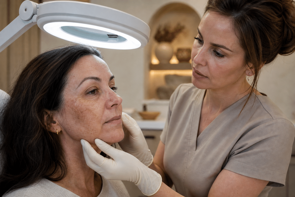 Provider examining sun spots and pigmentation during a sun damage treatment Santa Fe consultation at Seamless Skin MD