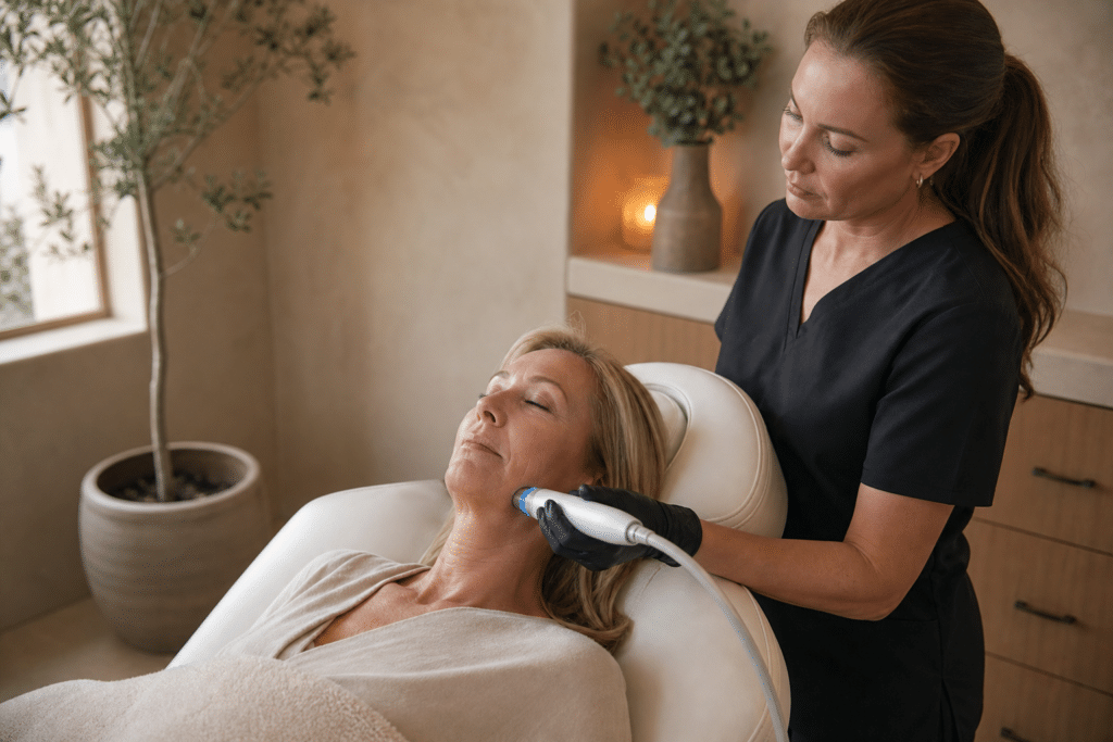 Radiofrequency microneedling jawline treatment as part of a non surgical face lift at Seamless Skin MD in Santa Fe
